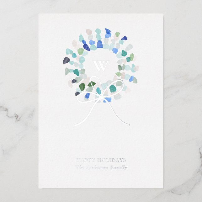 Colorful Sea Glass Christmas Wreath Initial Foil Holiday Card (Front)