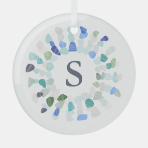 Colorful Sea Glass Christmas Wreath Initial Ornament