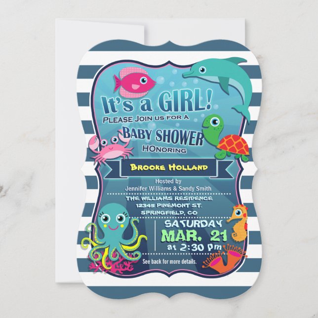 Colorful Sea Life Girl Baby Shower Invitation (Front)
