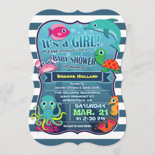Colorful Sea Life Girl Baby Shower Invitation