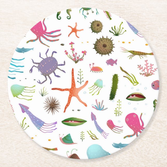 Colorful Sea Life Round Paper Coaster (Front)