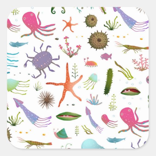 Colorful Sea Life Square Sticker