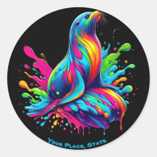 Colorful Sea Lion Splash Classic Round Sticker