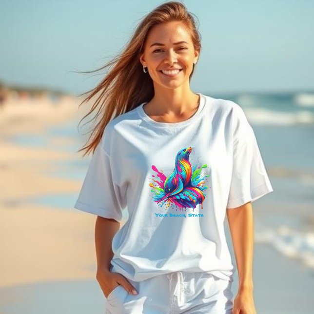 Colorful Sea Lion Splash- T-Shirt (Colorful Sea Lion Splash-Fisherman Core-Dopamine Dressing-Beach T shirt-Summer T shirt)