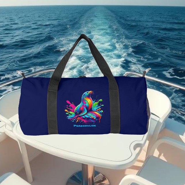 Colorful Sea Lion Splash Zippered Pouch Duffle Bag (Colorful Sea Lion Splash-Fisherman Core-Dopamine Dressing-Summer Duffel Bag-Beach Duffel Bag-Blue)