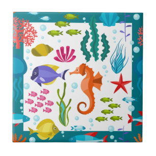Colorful Sea Plants & Animals Cartoon Illustration Ceramic Tile