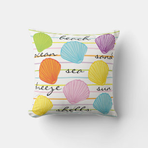 Colorful Sea Shells Beach Stripes Throw Pillow