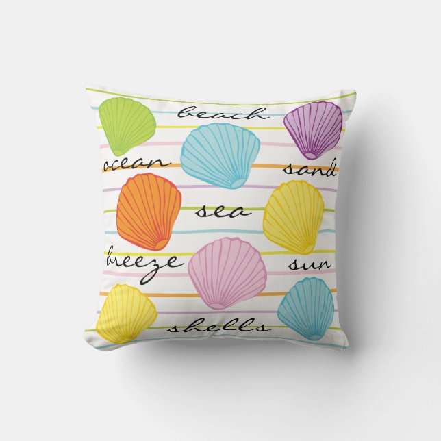 Colorful Sea Shells Beach Stripes Throw Pillow (Front)