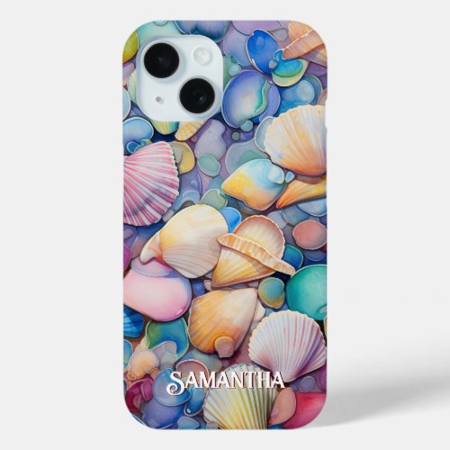 Colorful Sea Shells With Dark Red Shadowed Text iPhone 15 Case