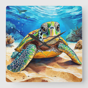 Colorful Sea Turtle Square Wall Clock