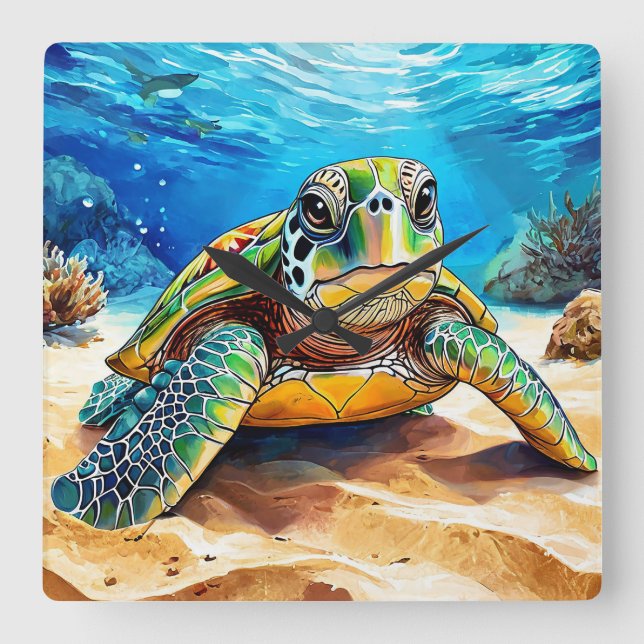 Colorful Sea Turtle Square Wall Clock (Front)