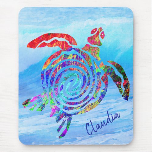 Colorful Sea Turtle Swimming the Ocean Waves Mouse Pad