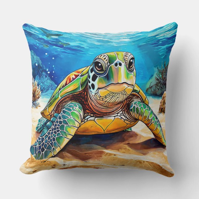 Colorful Sea Turtle Throw Pillow (Front)