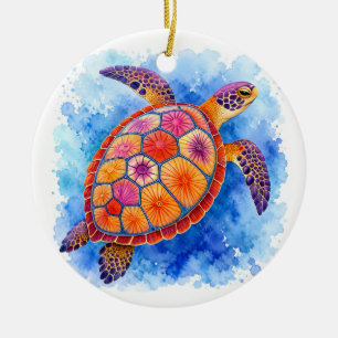Colorful Sea Turtle Underwater Ocean Ceramic Ornament