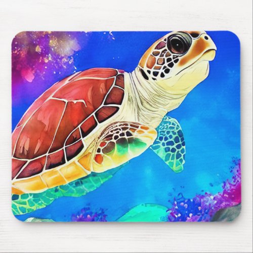 Colorful sea turtle underwater swimming mouse pad