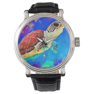Colorful sea turtle underwater swimming watch