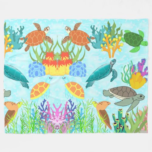 Colorful Sea Turtles And Coral Aquatic Life Fleece Blanket