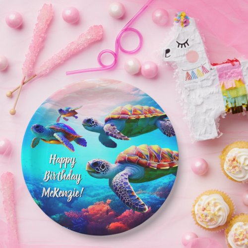 Colorful Sea Turtles in Coral Reef Paper Plates
