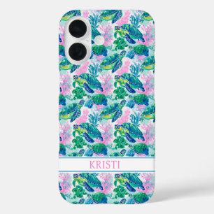 Colorful Sea Turtles Monogrammed iPhone 16 Case