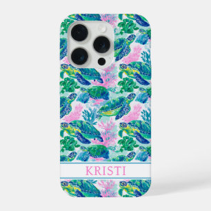 Colorful Sea Turtles Monogrammed iPhone 15 Pro Case