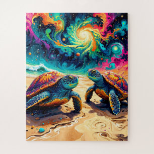 Colorful Sea Turtles Under a Cosmic Sky Jigsaw Puzzle