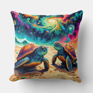 Colorful Sea Turtles Under a Cosmic Sky Throw Pillow
