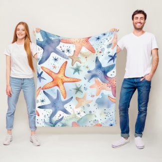 Colorful seafish, sea stars watercolor art.