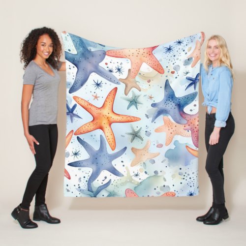 Colorful seafish sea stars watercolor art fleece blanket
