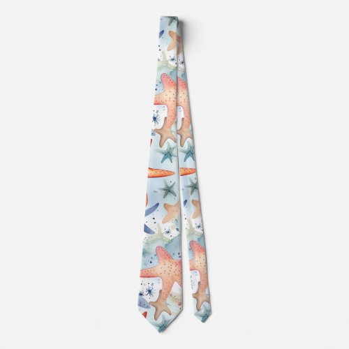 Colorful seafish sea stars watercolor art neck tie