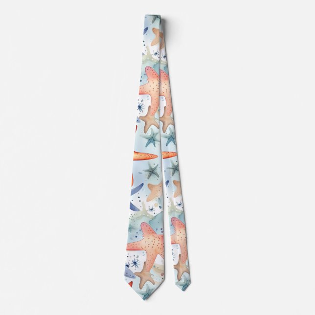 Colorful seafish, sea stars watercolor art. neck tie (Front)
