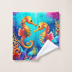 Colorful Seahorse Pair Design Bath Towel Set