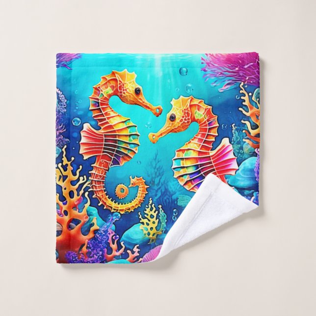 Colorful Seahorse Pair Design Bath Towel Set (Wash Cloth)