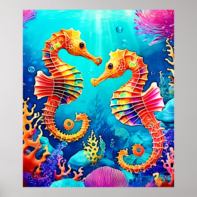 Colorful Seahorse Pair Design Poster (Front)