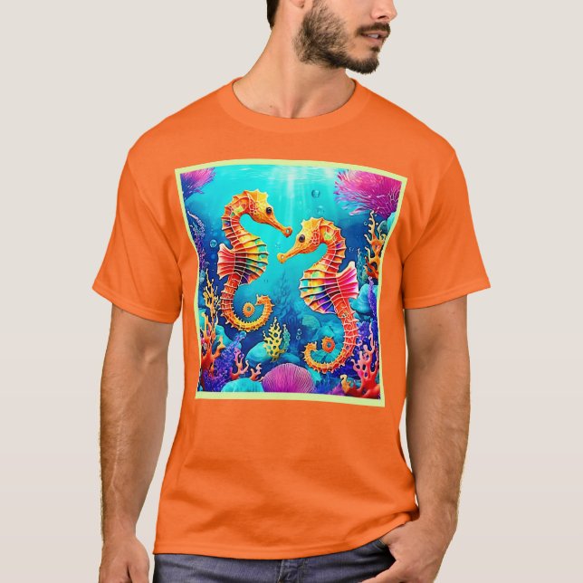 Colorful Seahorse Pair Design T-Shirt (Front)