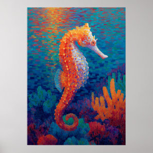 Colorful Seahorse Pointillism Ocean Painting Poster