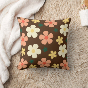 Colorful seamless Flowers fun pattern Brown Throw Pillow