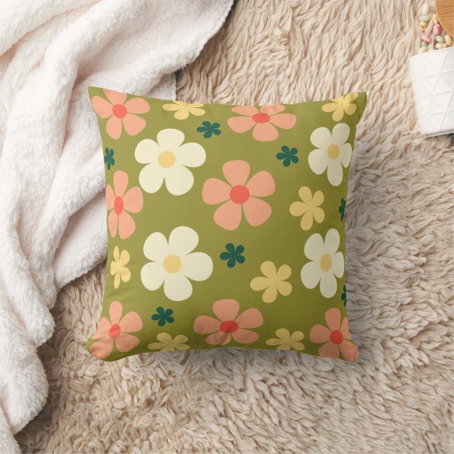 Colorful seamless Flowers fun pattern Green Throw Pillow (Blanket)
