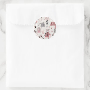 Colorful seamless pattern with cute elephants and classic round sticker