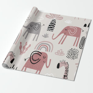 Colorful seamless pattern with cute elephants and wrapping paper