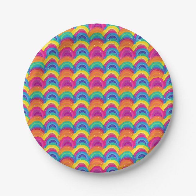 Colorful Seamless Rainbow and Wave Pattern Paper Plates (Front)