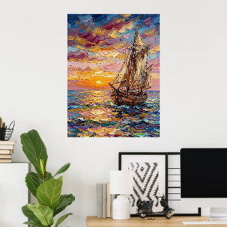 Colorful Seascape with Sailing Ship Poster