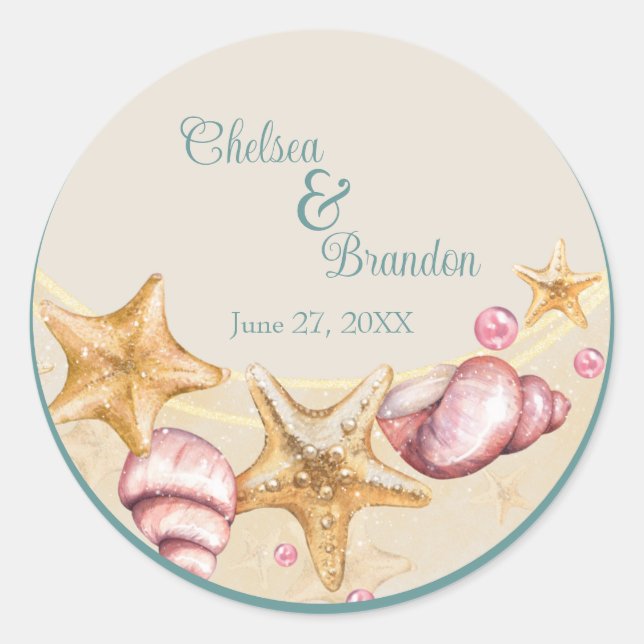 Colorful Seashell Wedding Classic Round Sticker (Front)