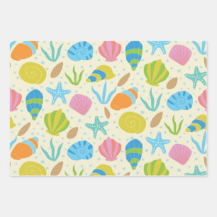 Colorful Seashells and Starfish Pattern Seaside Wrapping Paper Sheets