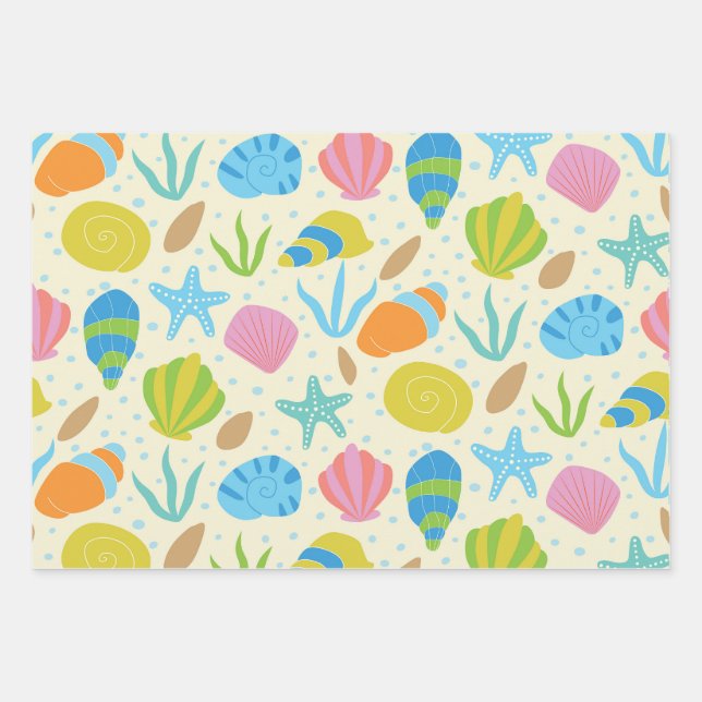 Colorful Seashells and Starfish Pattern Seaside  Wrapping Paper Sheets (Front)