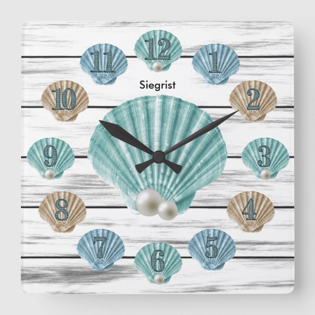 Colorful Seashells and White Weathered Wood  Square Wall Clock (Front)