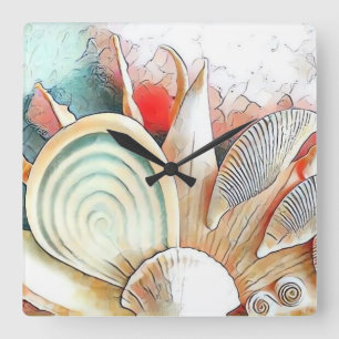 Colorful Seashells on beach watercolor painting Square Wall Clock