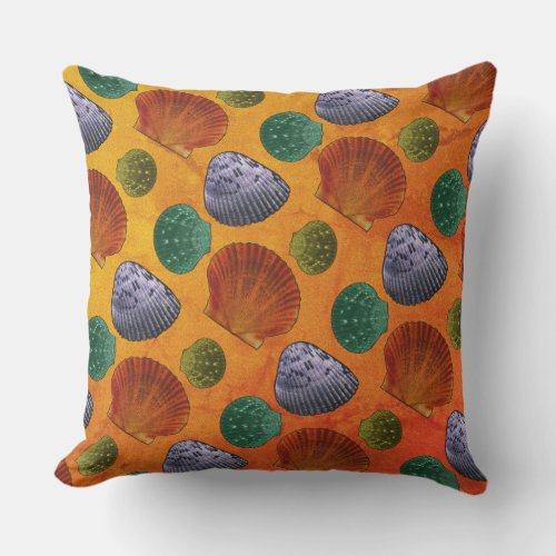 Colorful Seashells On Orange Beachy Outdoor Pillow