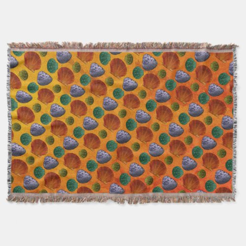 Colorful Seashells On Orange Beachy Throw Blanket