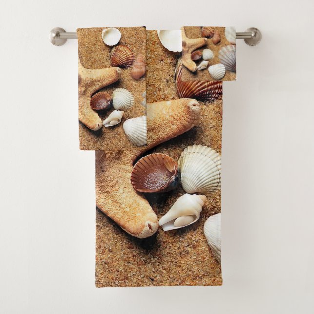 Colorful seashells on the sand bath towel set (Insitu)