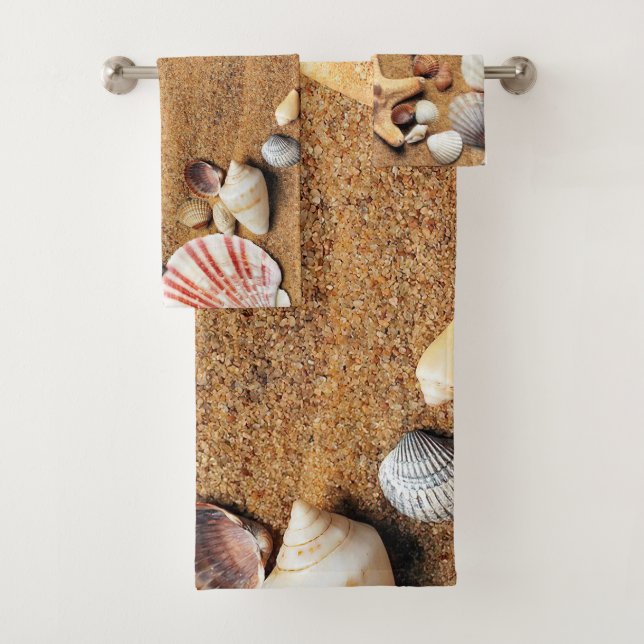 Colorful seashells on the sand bath towel set (Insitu)